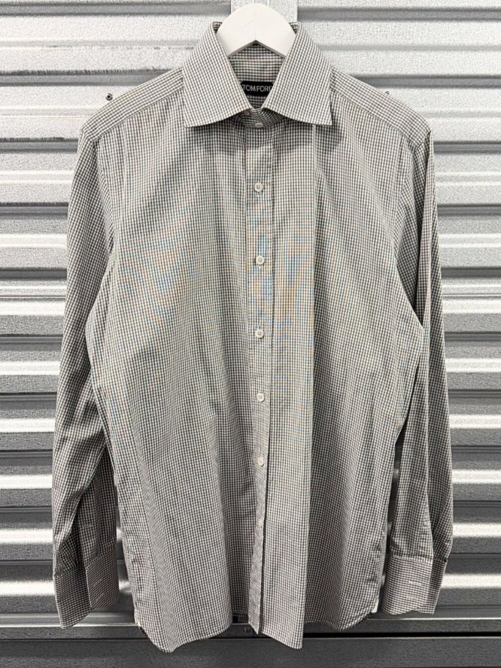 TOM FORD GREY WHITE MICRO GINGHAM CHECK DRESS SHIRT